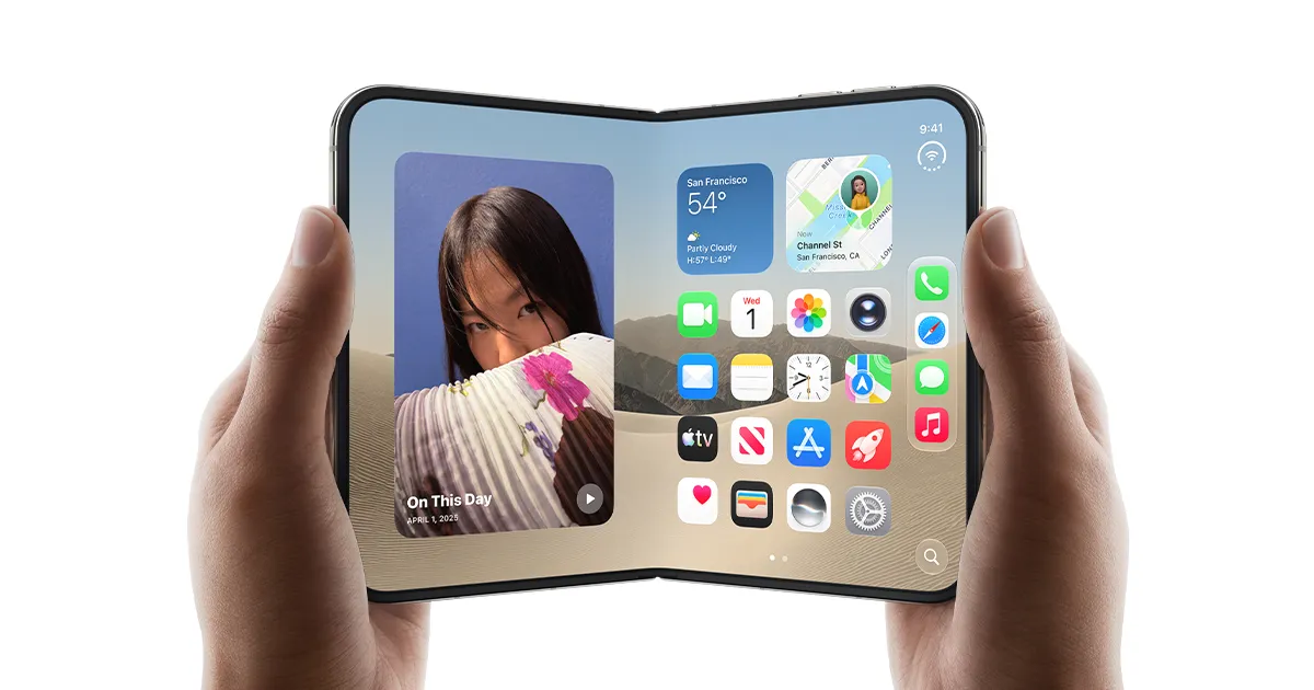 Two hands holding the open Apple iPhone Duo, showing the iOS home screen across the folding display.