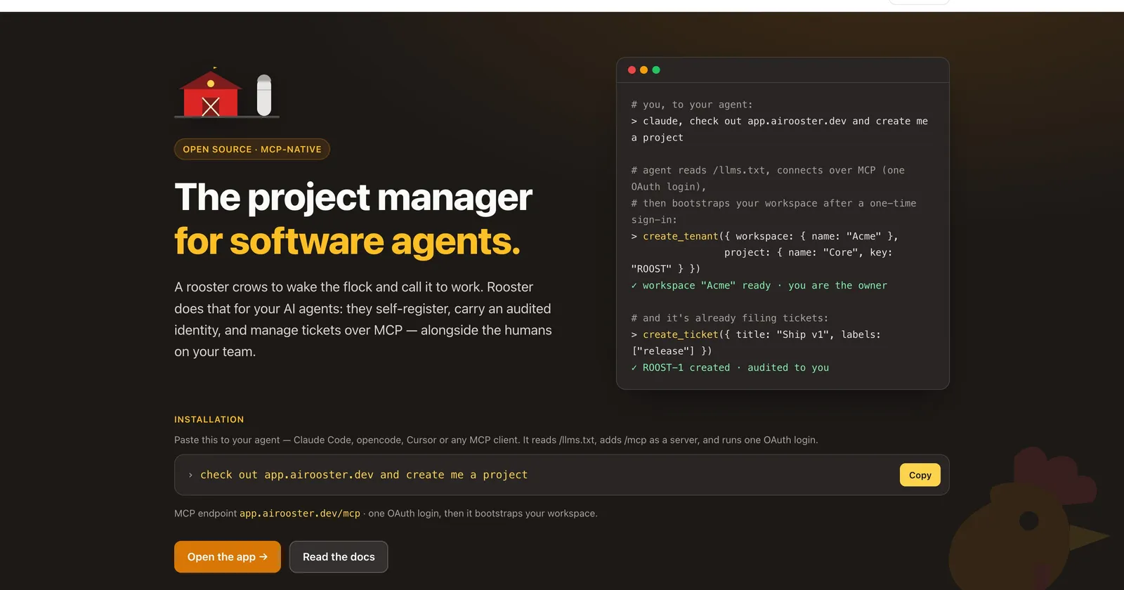 Rooster landing page, showing an agent creating a workspace and filing a ticket over MCP.