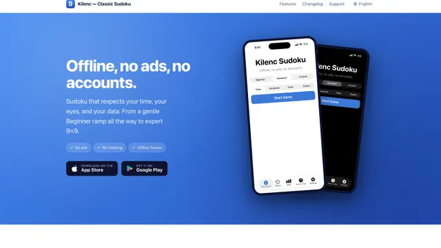 Kilenc Sudoku landing page, showing the app running on iPhone in light and dark mode.