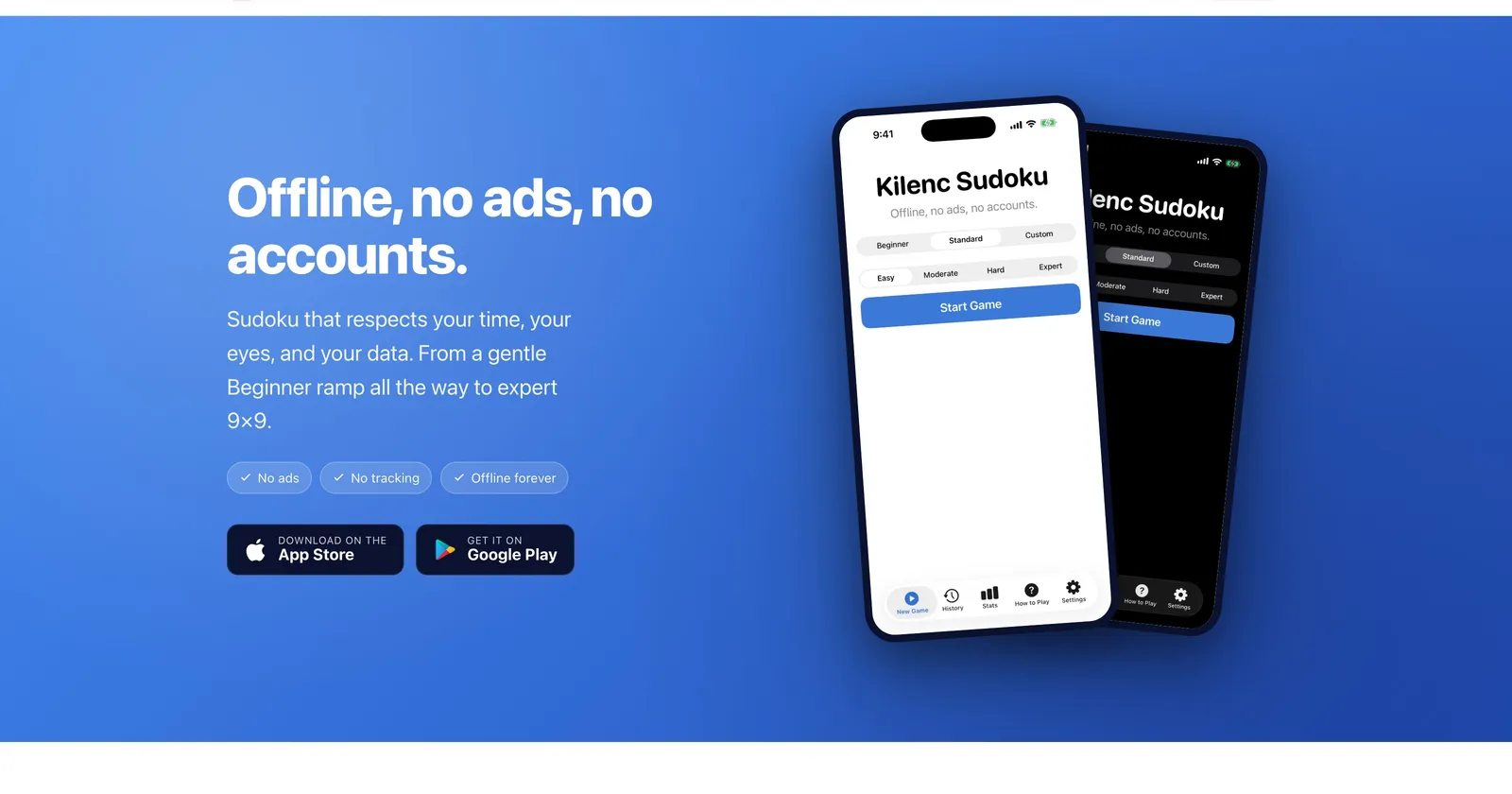 Kilenc Sudoku landing page, showing the app running on iPhone in light and dark mode.