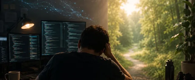 A person sitting at a desk with multiple code-filled monitors, head in hands, looking toward a bright forest path glowing through a window.