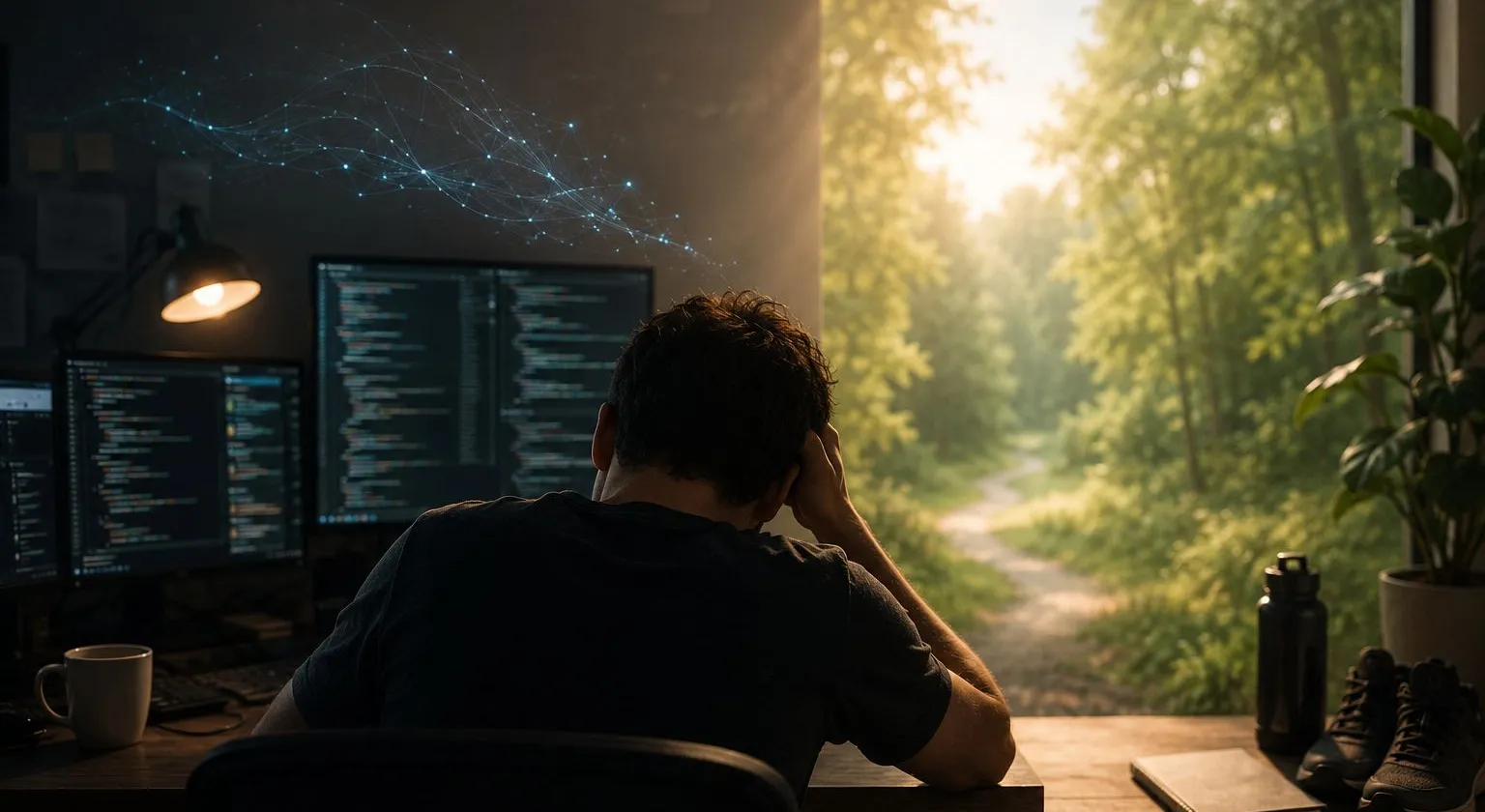 A person sitting at a desk with multiple code-filled monitors, head in hands, looking toward a bright forest path glowing through a window.