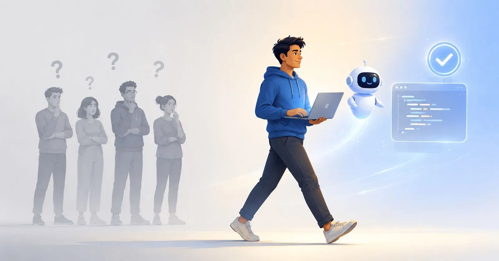 An engineer striding ahead with an AI agent while others are left behind, unsure.