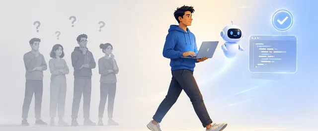 An engineer striding ahead with an AI agent while others are left behind, unsure.