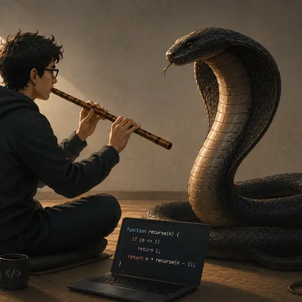 A developer playing a flute to charm a cobra made of code
