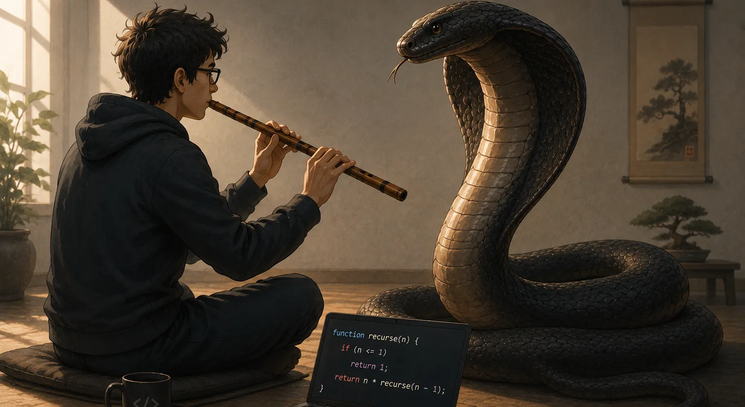 A developer playing a flute to charm a cobra made of code