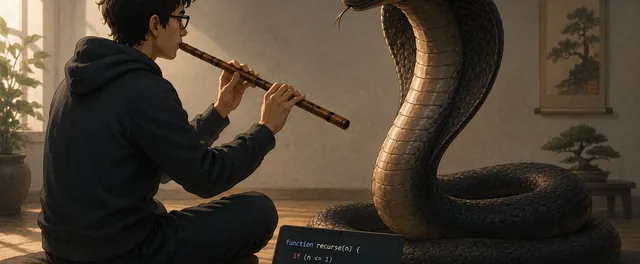 A developer playing a flute to charm a cobra made of code