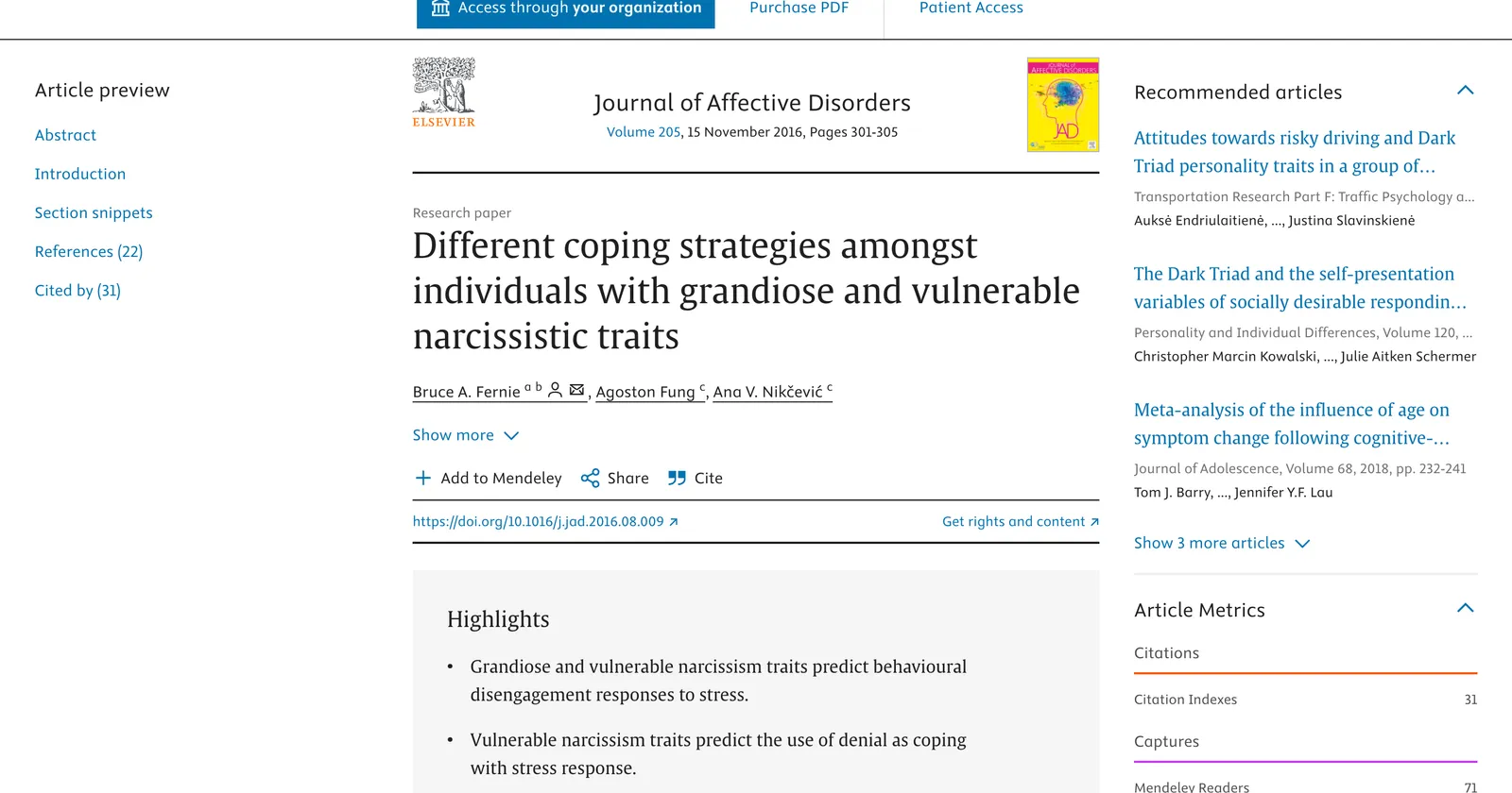Screenshot of the Journal of Affective Disorders article page on ScienceDirect