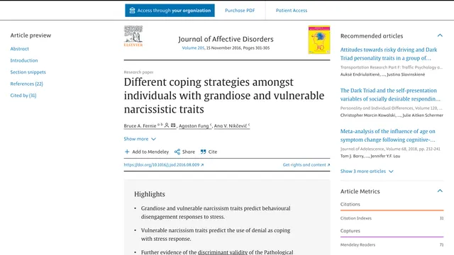 Screenshot of the Journal of Affective Disorders article page on ScienceDirect