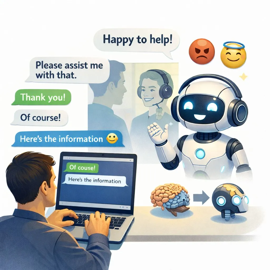 Illustration of a person typing on a laptop in polite chat with a friendly AI - speech bubbles read 'Please assist me with that', 'Thank you!', 'Of course!', 'Here's the information', and the robot replies 'Happy to help!'. To the side, an angry-face emoji and a haloed-face emoji represent the choice of disposition. Underneath, a small brain-to-robot transformation visual.