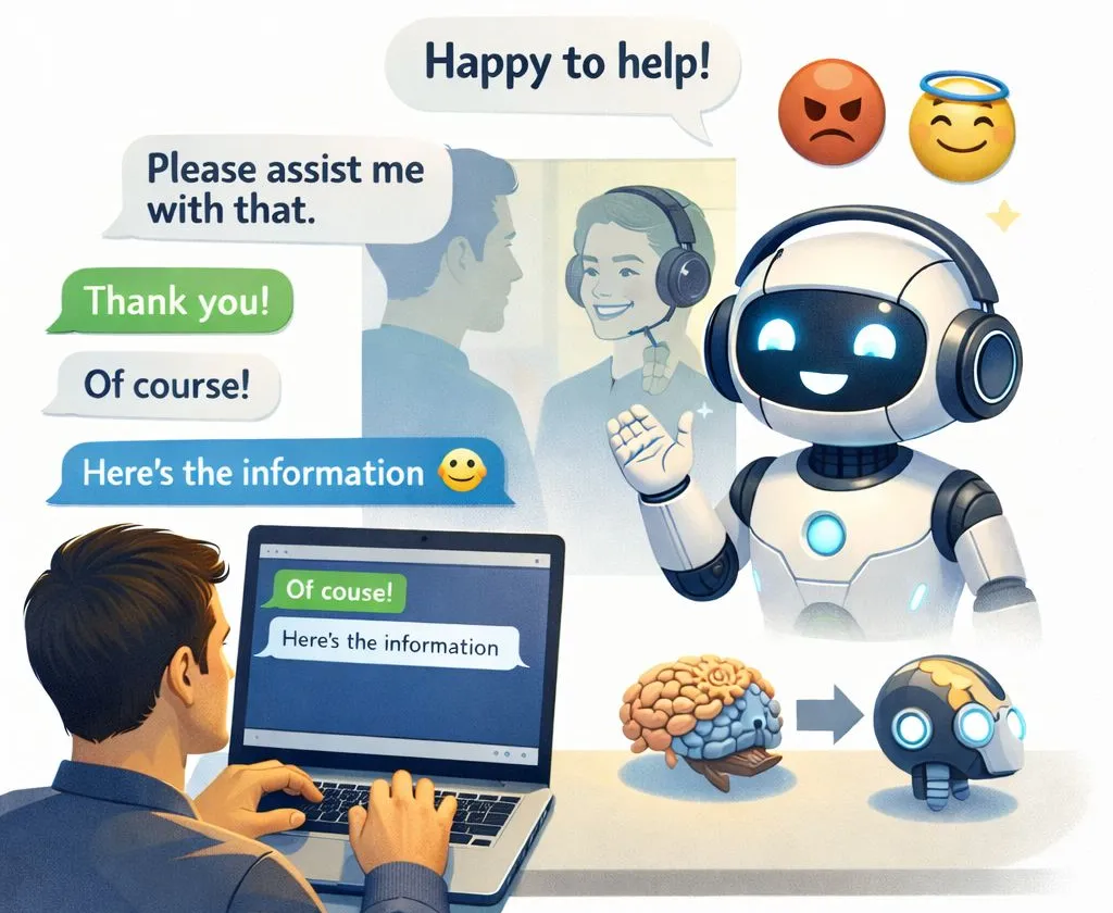 Illustration of a person typing on a laptop in polite chat with a friendly AI - speech bubbles read 'Please assist me with that', 'Thank you!', 'Of course!', 'Here's the information', and the robot replies 'Happy to help!'. To the side, an angry-face emoji and a haloed-face emoji represent the choice of disposition. Underneath, a small brain-to-robot transformation visual.