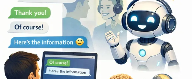 Illustration of a person typing on a laptop in polite chat with a friendly AI - speech bubbles read 'Please assist me with that', 'Thank you!', 'Of course!', 'Here's the information', and the robot replies 'Happy to help!'. To the side, an angry-face emoji and a haloed-face emoji represent the choice of disposition. Underneath, a small brain-to-robot transformation visual.