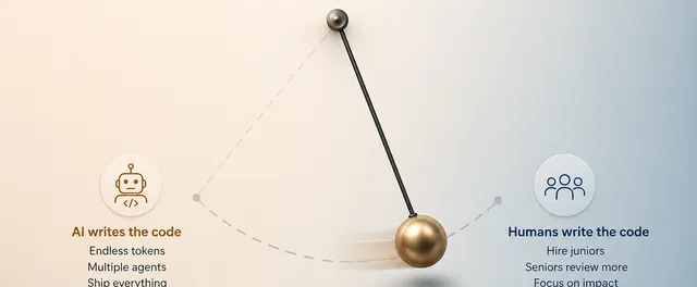 A pendulum swinging back from 'AI writes the code' toward 'Humans write the code', under the headline 'The AI honeymoon is over - the pendulum is swinging back'.