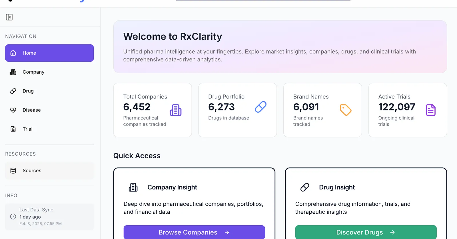 RxClarity dashboard showing tracked companies, drugs, brand names, and active clinical trials.