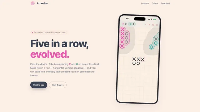 Amoeba landing page, showing the endless-field board running on iPhone.