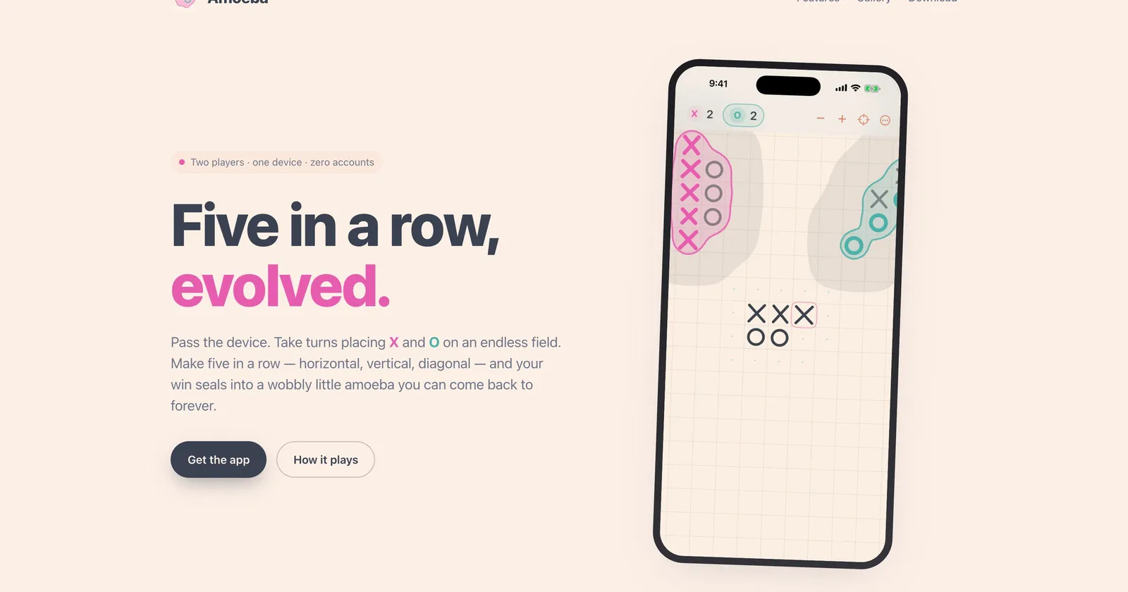 Amoeba landing page, showing the endless-field board running on iPhone.