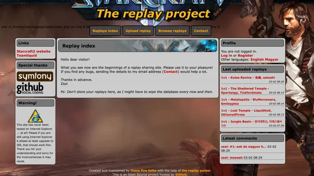 Screenshot of the CupApp StarCraft II replay project homepage