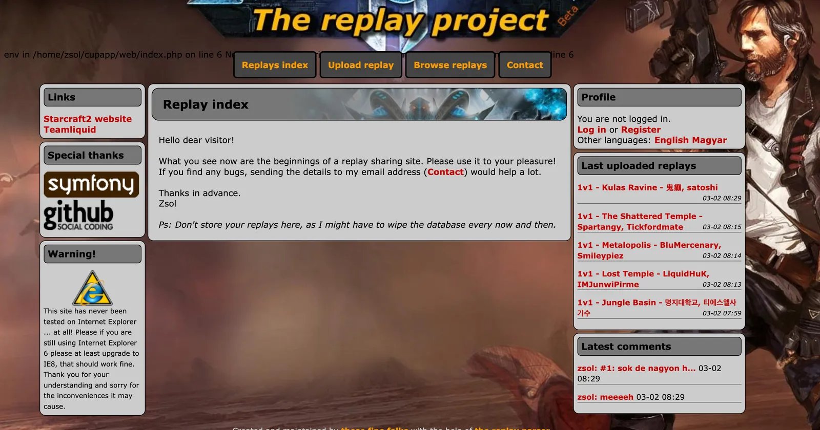 Screenshot of the CupApp StarCraft II replay project homepage