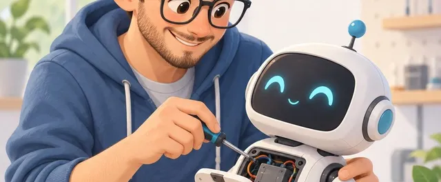 An engineer tinkering with a small friendly robot at a workbench.