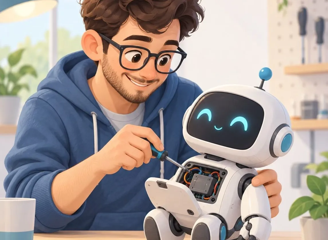 An engineer tinkering with a small friendly robot at a workbench.