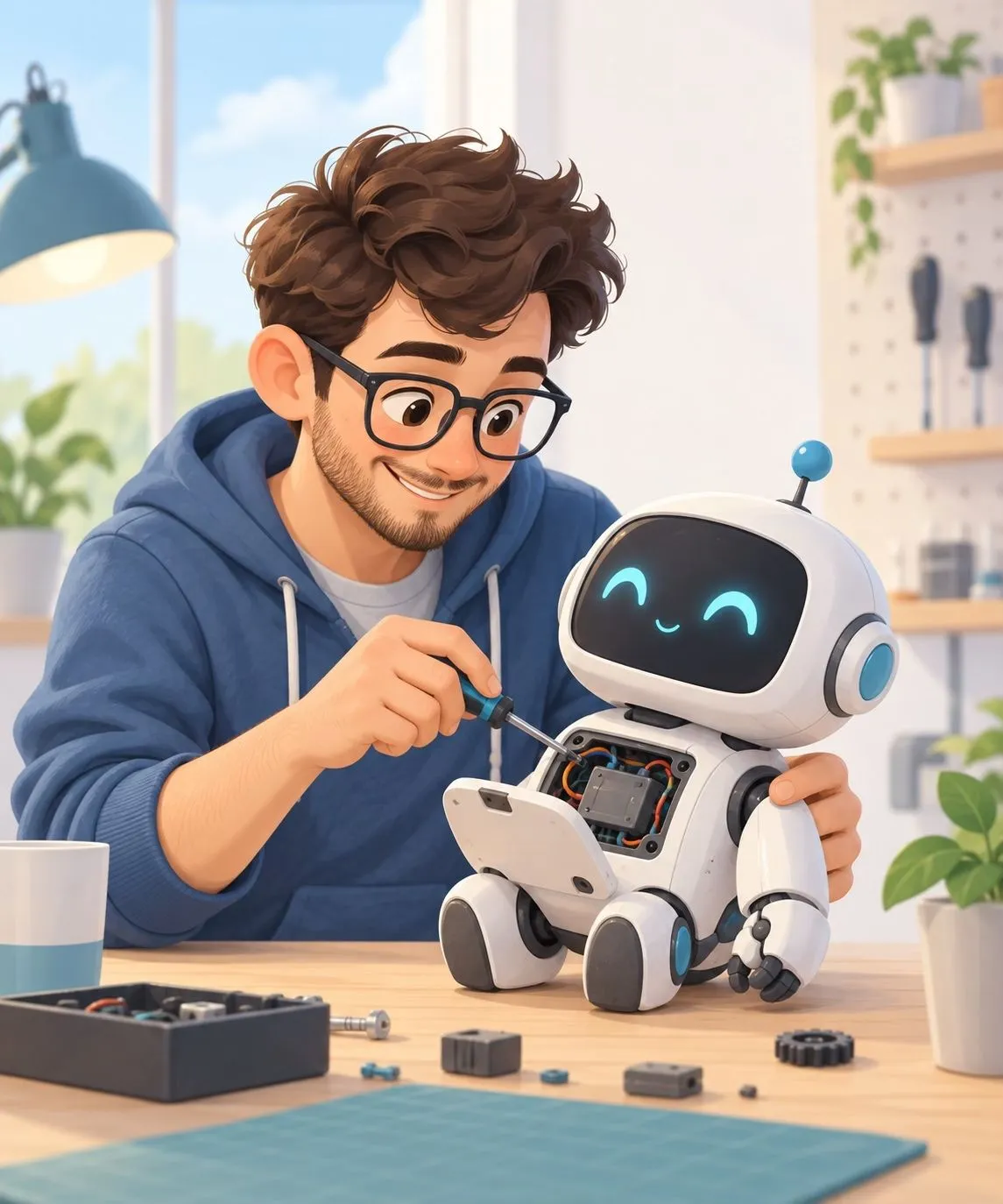 An engineer tinkering with a small friendly robot at a workbench.