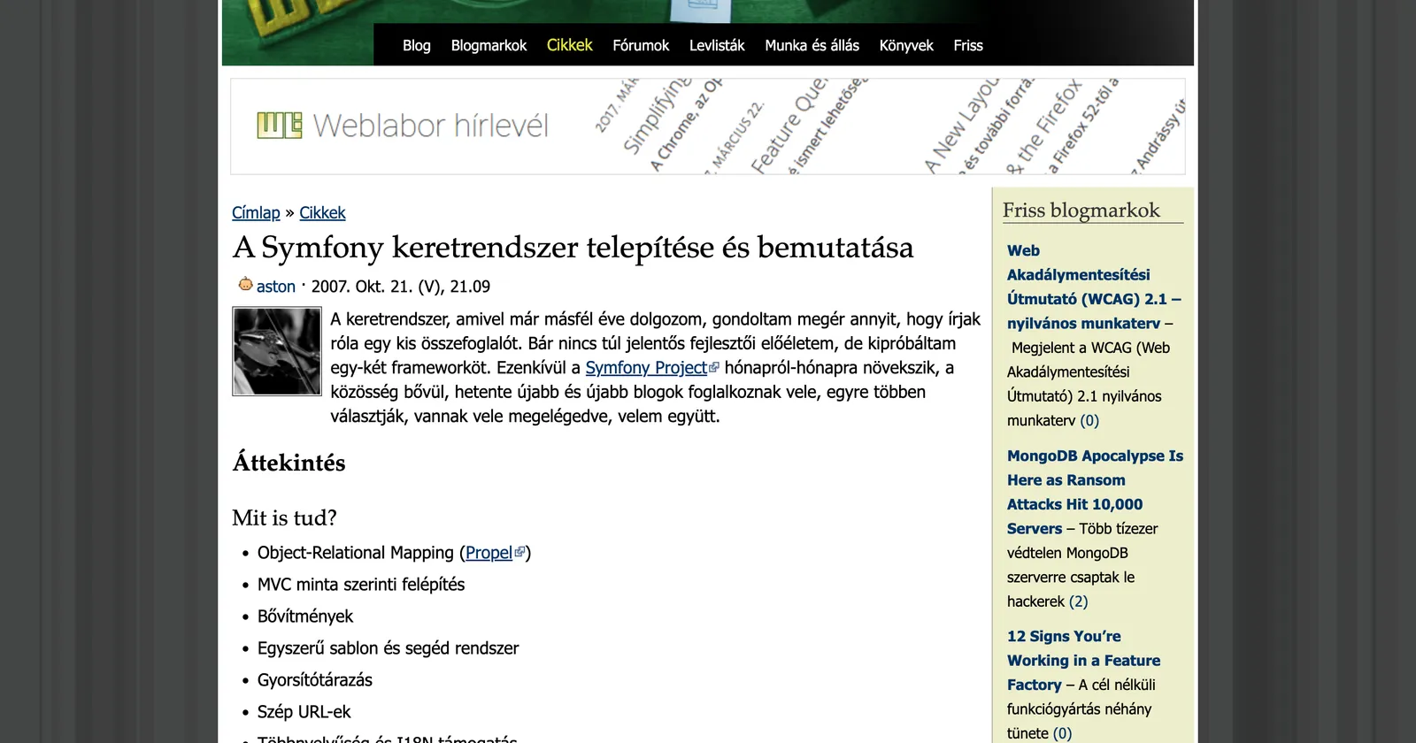 Screenshot of the weblabor.hu article page