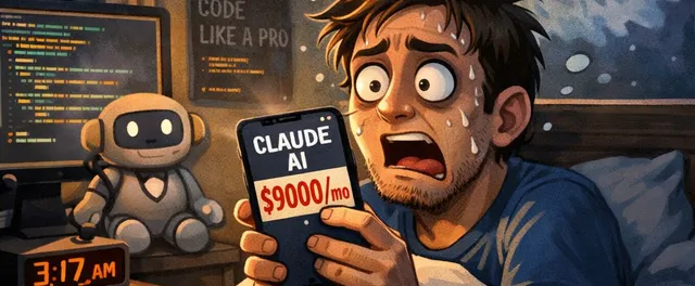 A wide-eyed programmer in bed at 3:17 AM, sweating and clutching a phone showing a fake 'CLAUDE AI $9000/MO' notification, while a menacing cartoon AI looms in the dark room behind him with binary code and dollar signs.