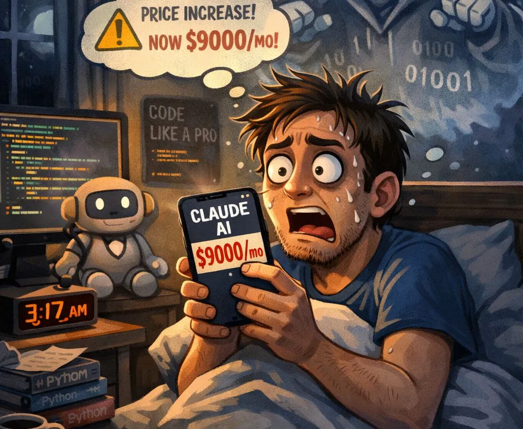 A wide-eyed programmer in bed at 3:17 AM, sweating and clutching a phone showing a fake 'CLAUDE AI $9000/MO' notification, while a menacing cartoon AI looms in the dark room behind him with binary code and dollar signs.