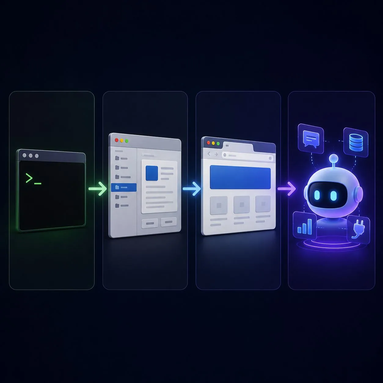 Four panels showing an evolution from a terminal window, to a file browser, to a web page, to a glowing AI robot connected to chat, database, analytics, and integration icons.