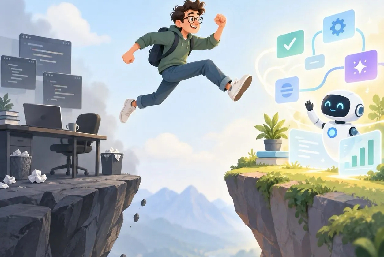 An engineer leaping across a chasm from a crumbling desk to a bright side where an AI agent waits — a leap of faith.