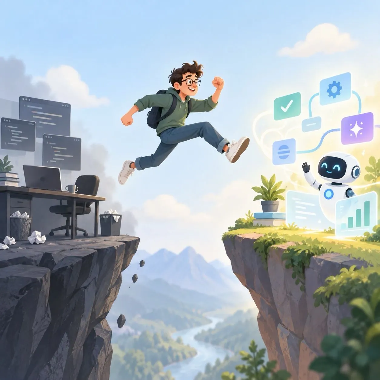 An engineer leaping across a chasm from a crumbling desk to a bright side where an AI agent waits — a leap of faith.