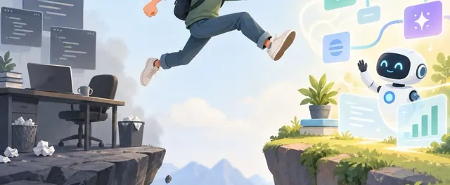 An engineer leaping across a chasm from a crumbling desk to a bright side where an AI agent waits — a leap of faith.
