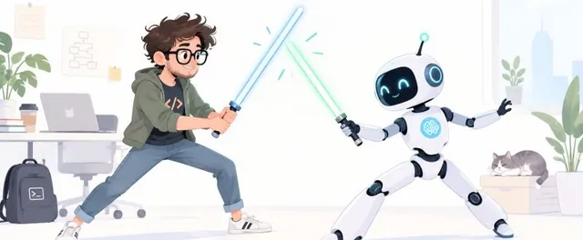 A curly-haired developer in glasses and a robot with a brain logo dueling with lightsabers in an office, a cat sleeping in a box behind them.