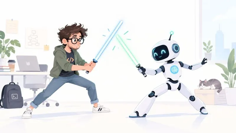 A curly-haired developer in glasses and a robot with a brain logo dueling with lightsabers in an office, a cat sleeping in a box behind them.