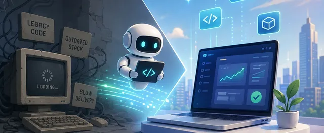 A crumbling wall labelled legacy code, outdated stack, and slow delivery on one side, with a small robot carrying a code icon flying through into a bright modern laptop dashboard on the other side.