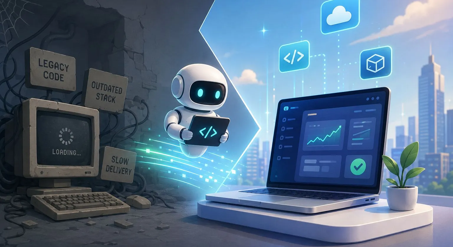 A crumbling wall labelled legacy code, outdated stack, and slow delivery on one side, with a small robot carrying a code icon flying through into a bright modern laptop dashboard on the other side.