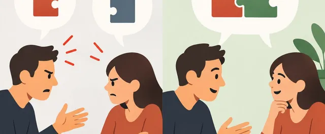 Two people arguing with clashing puzzle pieces (BUT) versus connecting, smiling with joined pieces (AND).