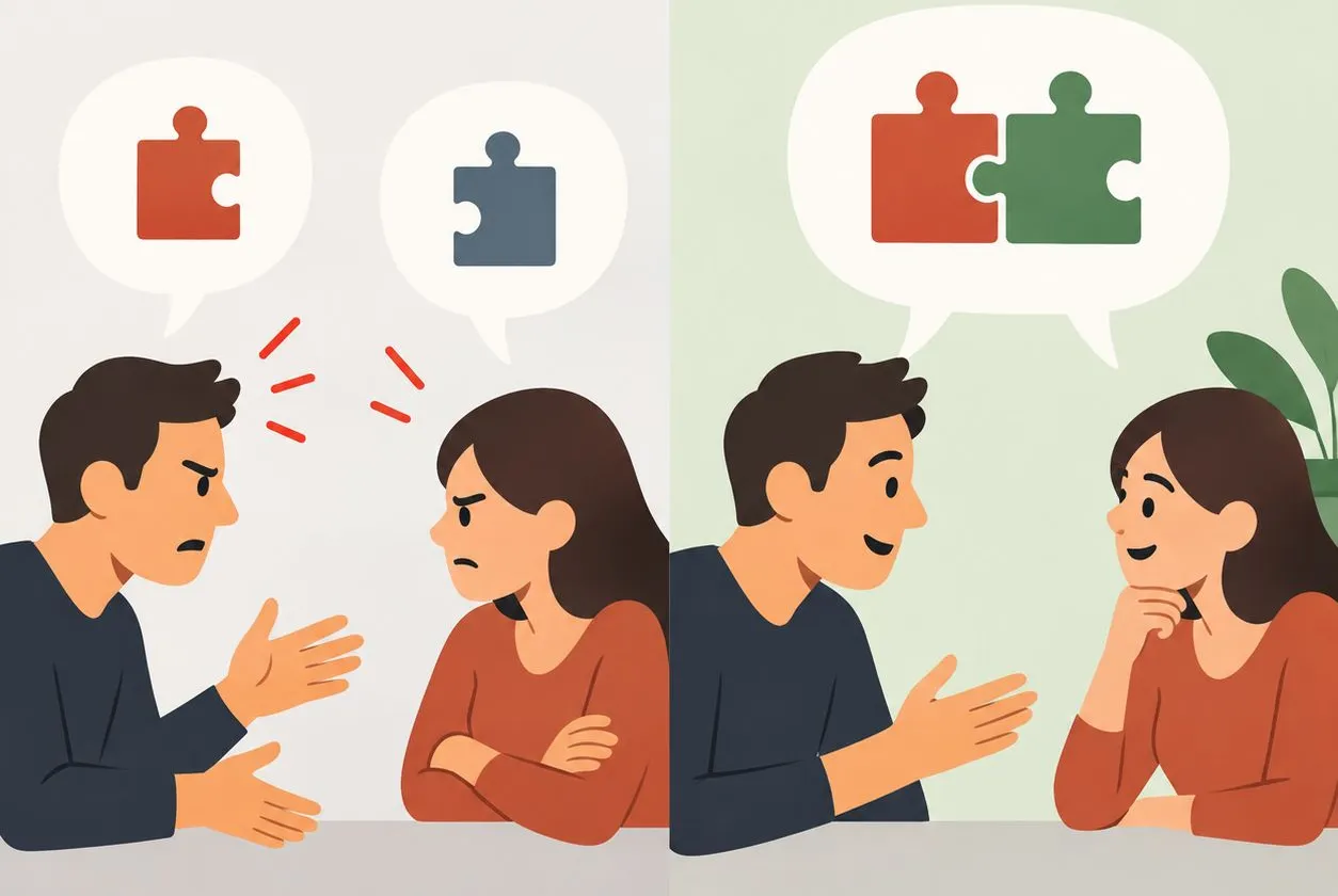 Two people arguing with clashing puzzle pieces (BUT) versus connecting, smiling with joined pieces (AND).