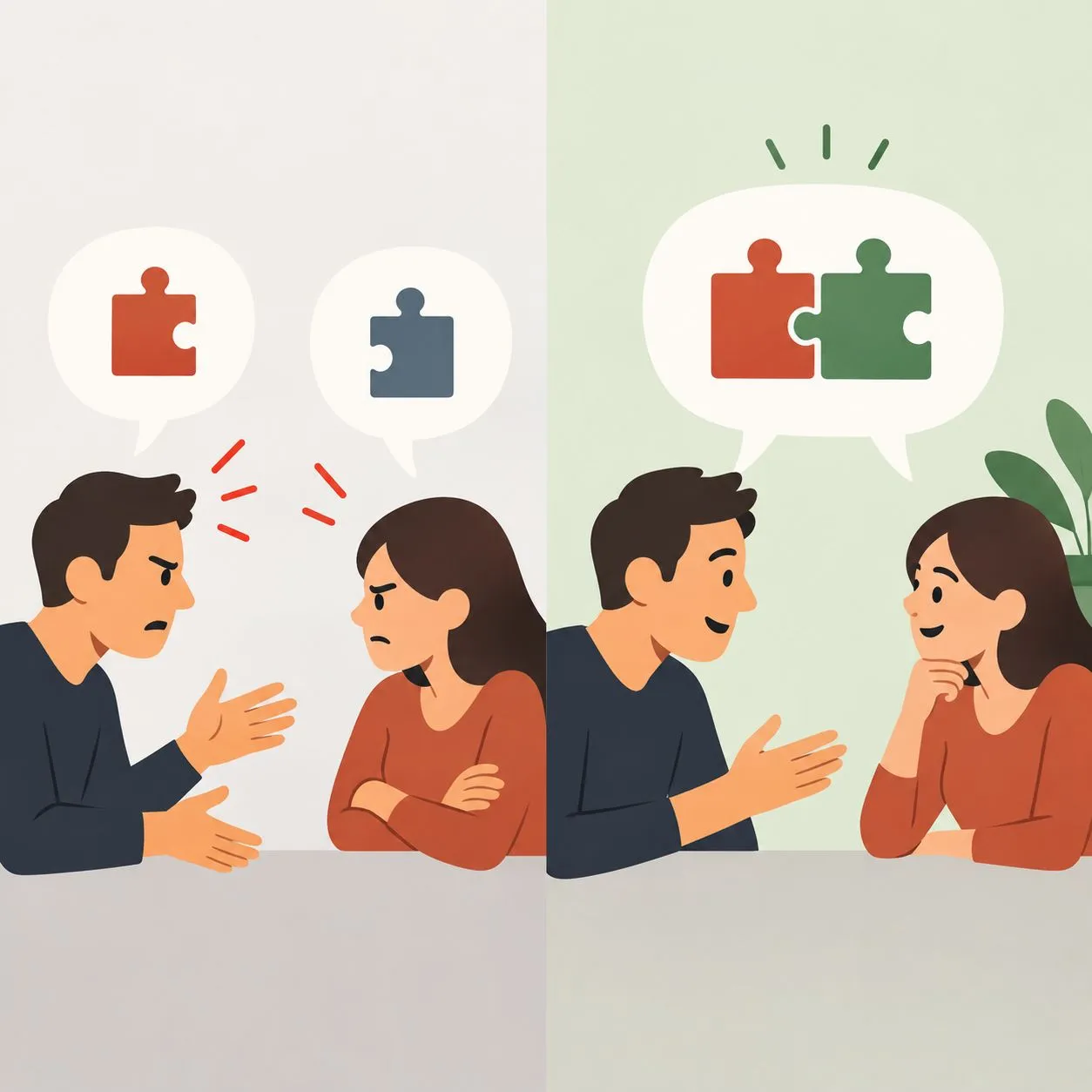 Two people arguing with clashing puzzle pieces (BUT) versus connecting, smiling with joined pieces (AND).