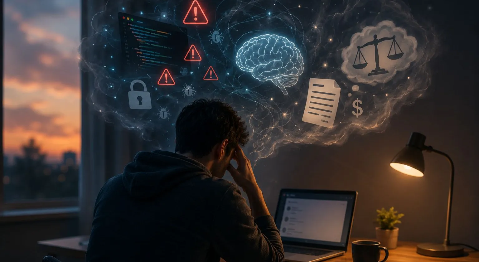 A person at a desk holding their head, with a cloud of thoughts above showing security warnings, a glowing brain, a legal scale, a dollar sign, and a document.