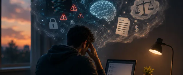 A person at a desk holding their head, with a cloud of thoughts above showing security warnings, a glowing brain, a legal scale, a dollar sign, and a document.