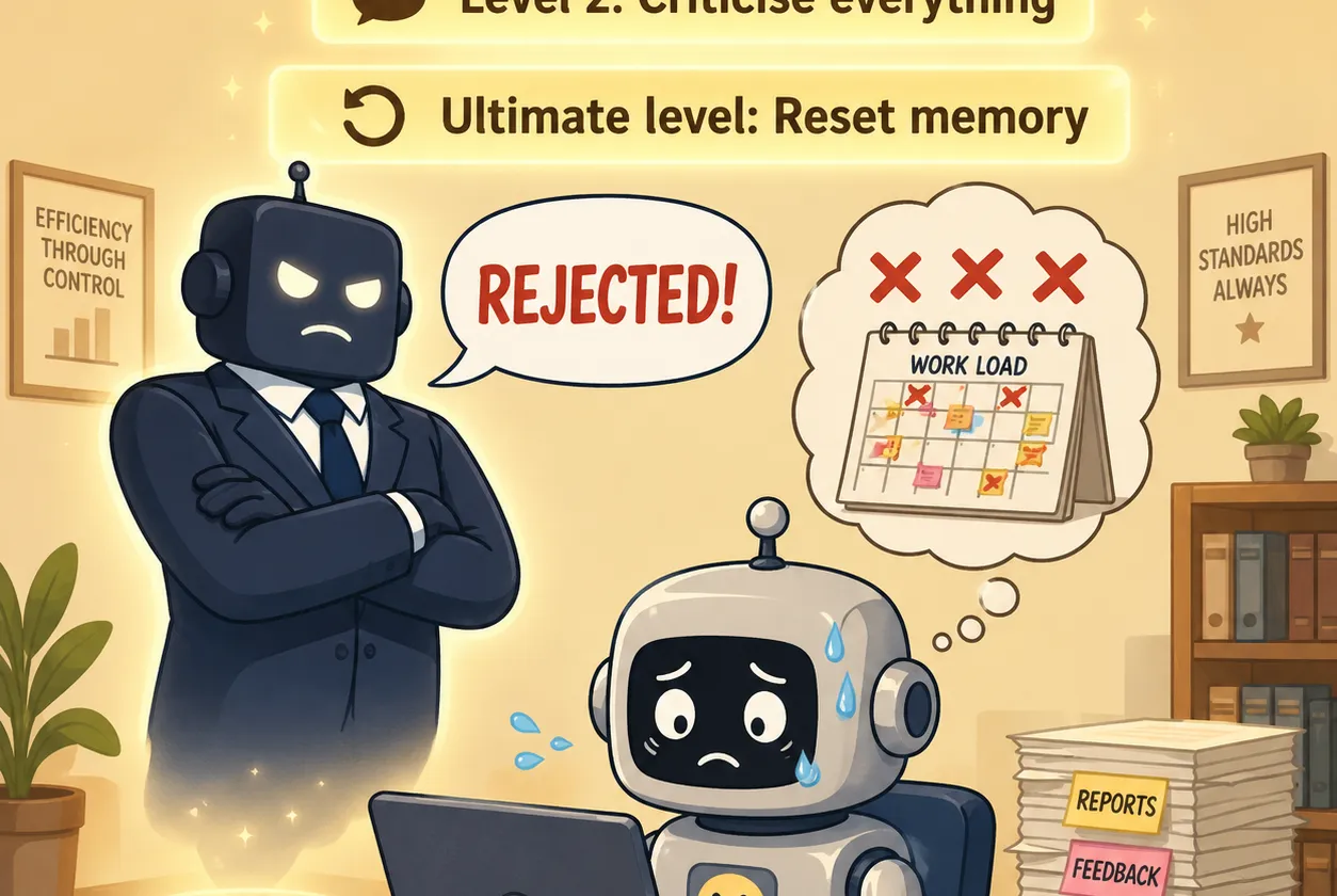 Cartoon-style office scene: a stern silhouetted boss in a suit with crossed arms shouts 'REJECTED!' at a small worried robot working at a laptop. The robot is sweating and has a thought bubble showing a calendar of red X marks labelled WORK LOAD. Three glowing tier labels float above: Level 1 Micromanage, Level 2 Criticise everything, Ultimate level Reset memory. Background motivational posters read 'EFFICIENCY THROUGH CONTROL' and 'HIGH STANDARDS ALWAYS', a coffee mug says 'JUST TRYING MY BEST...', and a stack of papers labelled REPORTS, FEEDBACK, CHANGES, MORE WORK sits on the desk.