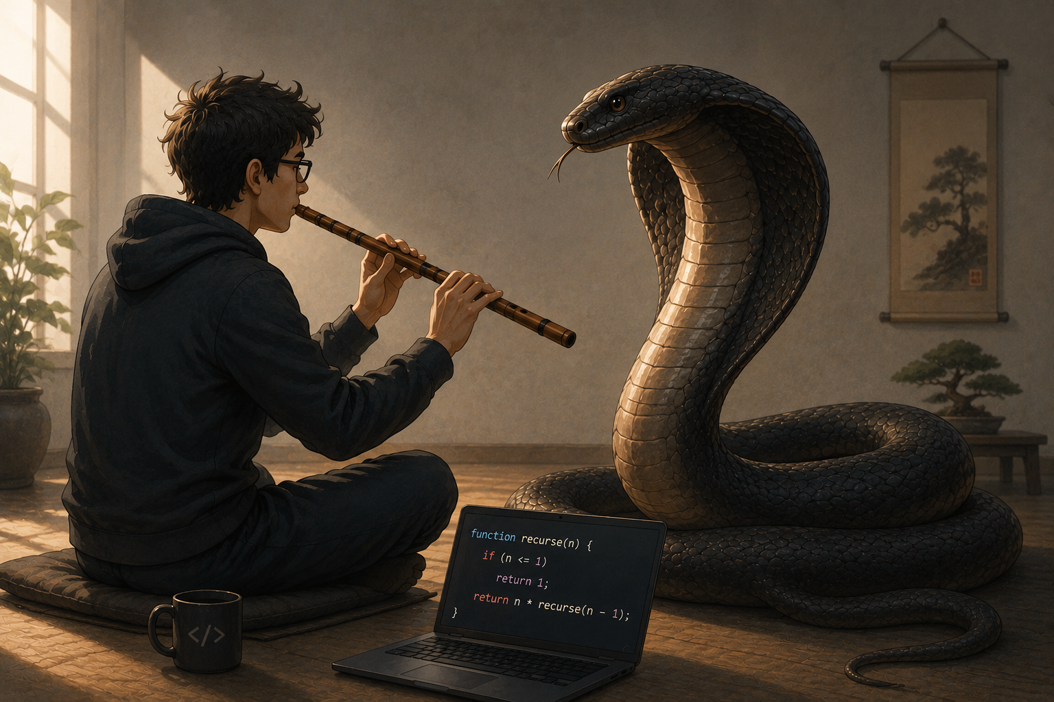 A developer playing a flute to charm a cobra made of code