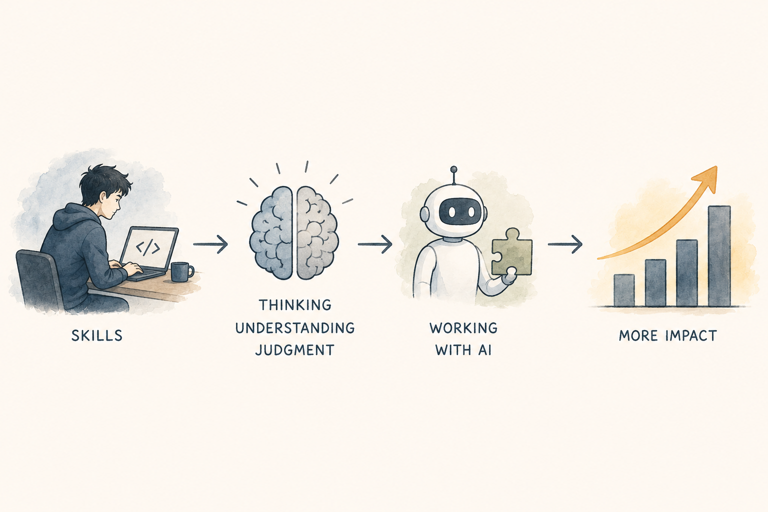 Skills, thinking and understanding and judgment, working with AI, more impact