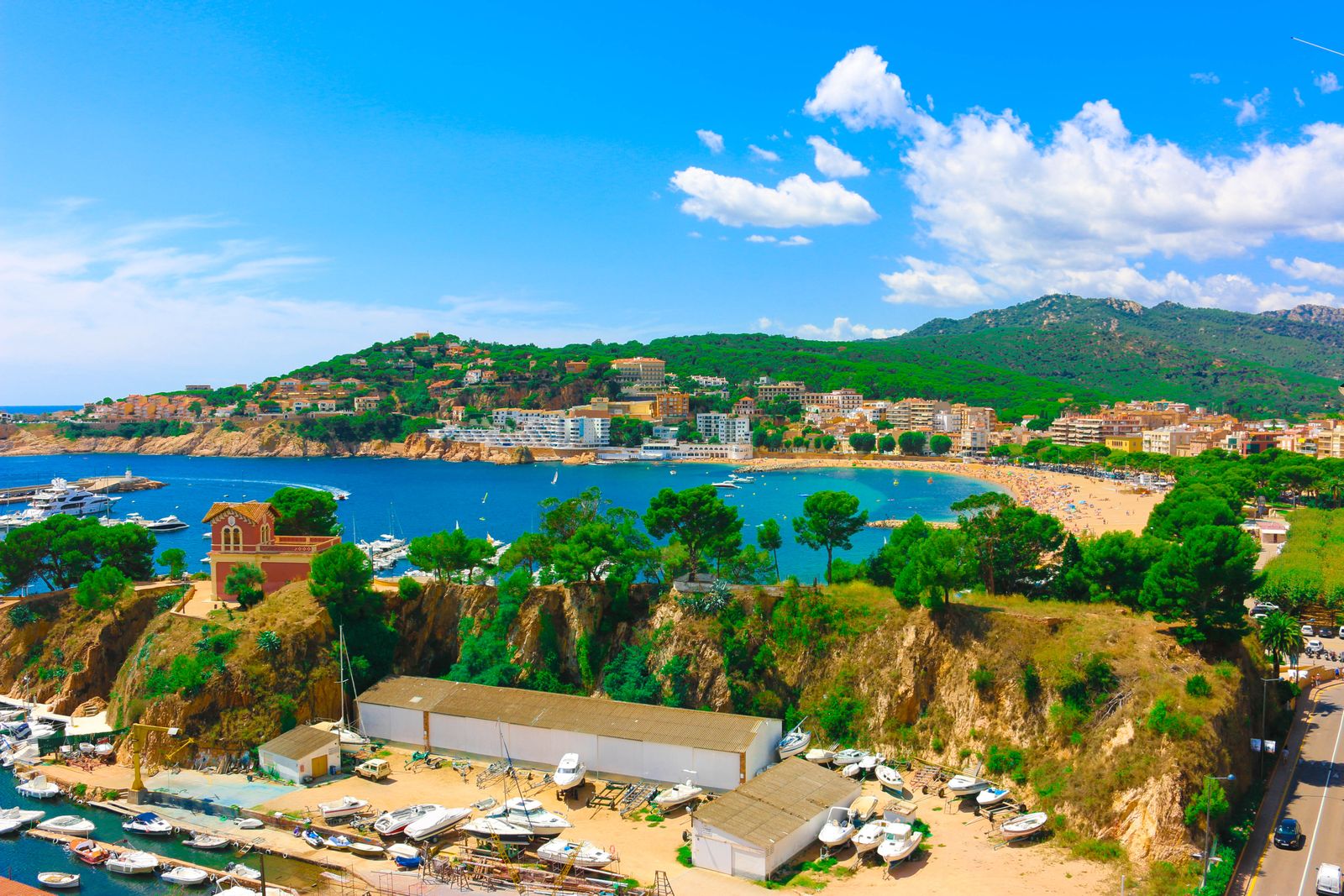 Aerial view of the bay and beach of Sant Feliu de Guíxols, Spain