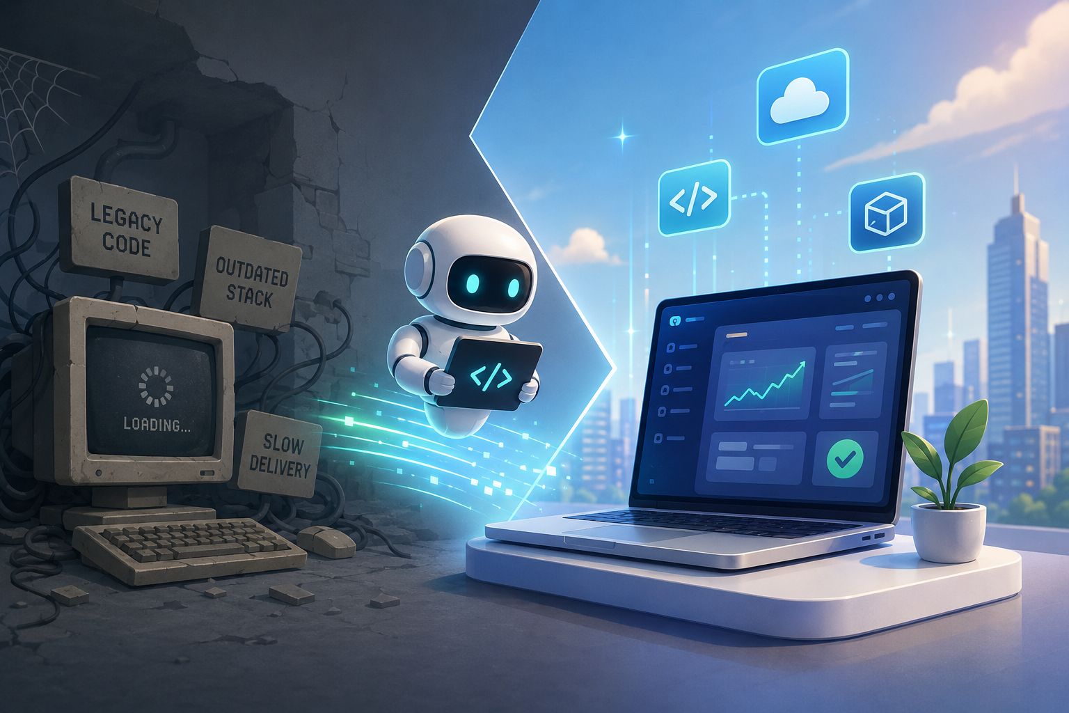 A crumbling wall labelled legacy code, outdated stack, and slow delivery on one side, with a small robot carrying a code icon flying through into a bright modern laptop dashboard on the other side.