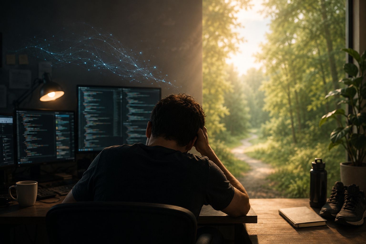 A person sitting at a desk with multiple code-filled monitors, head in hands, looking toward a bright forest path glowing through a window.