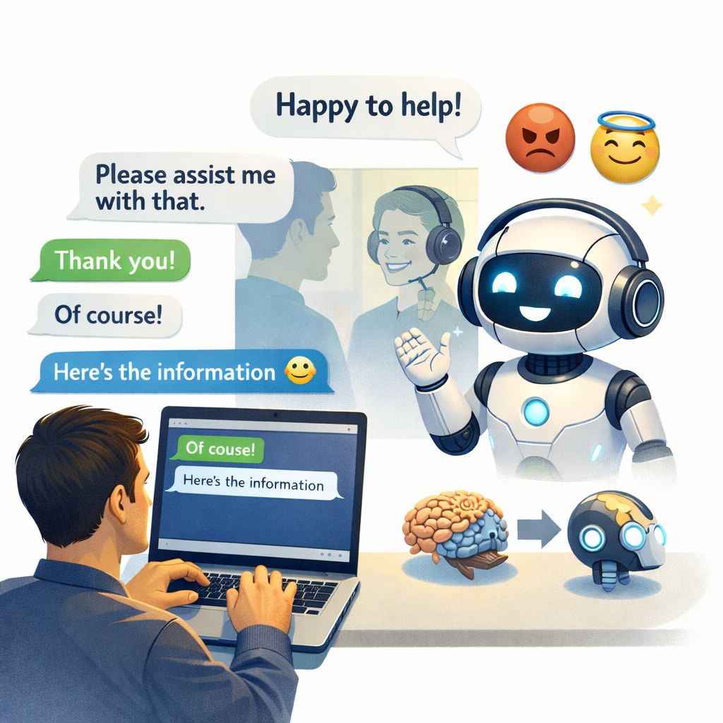 Illustration of a person typing on a laptop in polite chat with a friendly AI - speech bubbles read 'Please assist me with that', 'Thank you!', 'Of course!', 'Here's the information', and the robot replies 'Happy to help!'. To the side, an angry-face emoji and a haloed-face emoji represent the choice of disposition. Underneath, a small brain-to-robot transformation visual.