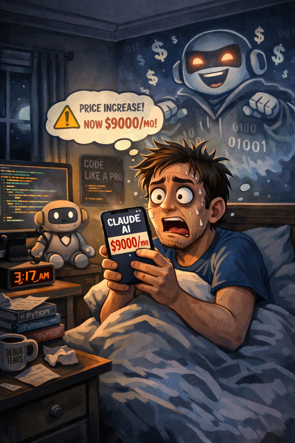 A wide-eyed programmer in bed at 3:17 AM, sweating and clutching a phone showing a fake 'CLAUDE AI $9000/MO' notification, while a menacing cartoon AI looms in the dark room behind him with binary code and dollar signs.