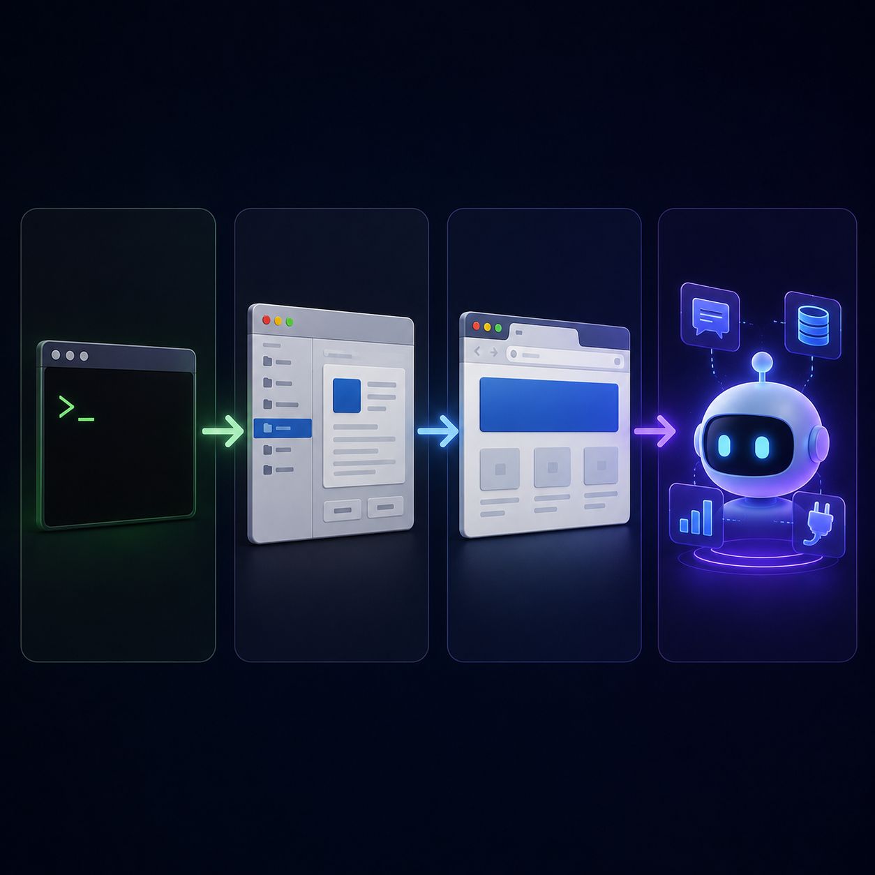 Four panels showing an evolution from a terminal window, to a file browser, to a web page, to a glowing AI robot connected to chat, database, analytics, and integration icons.